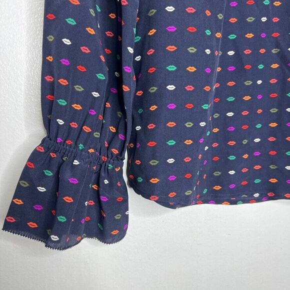 J Crew Women's Navy Ruffle Neck Blouse 2 Silk Colorful Polka Dot Print - Picture 3 of 8